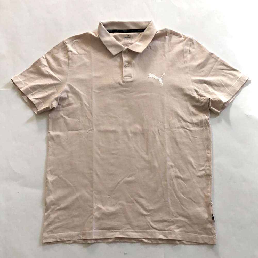 Puma L Shirt Polo Short Sleeve Tan White Logo 100% Cotton Excellent Condition
